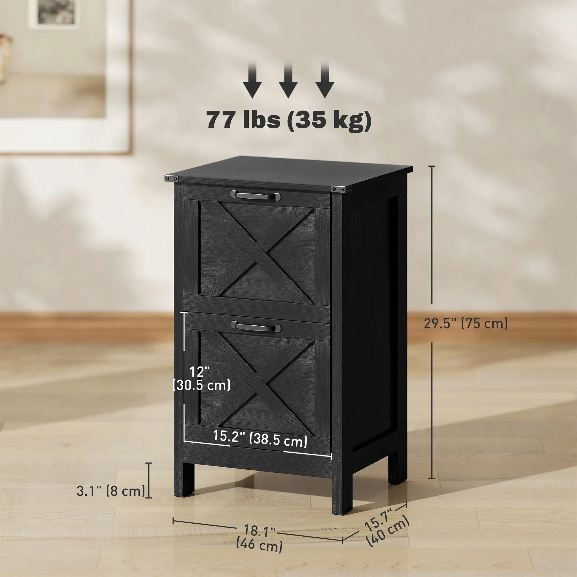 Vertical 2-Drawer Filing Cabinet, Rustic Farmhouse, A4 Letter Size, Distressed Black, Black Office Cabinets & Cupboards at Gallery Canada