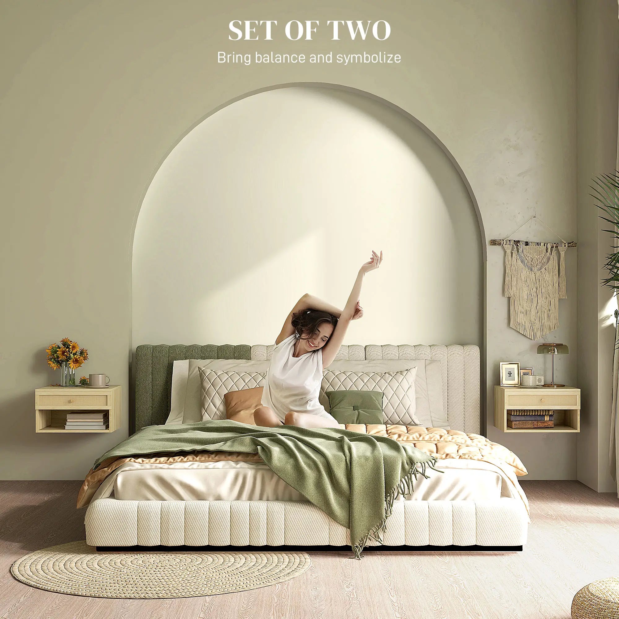 Floating Nightstand Set of 2, Wall Mounted Bedside Table with Drawer, Natural Wood Bedside Tables at Gallery Canada