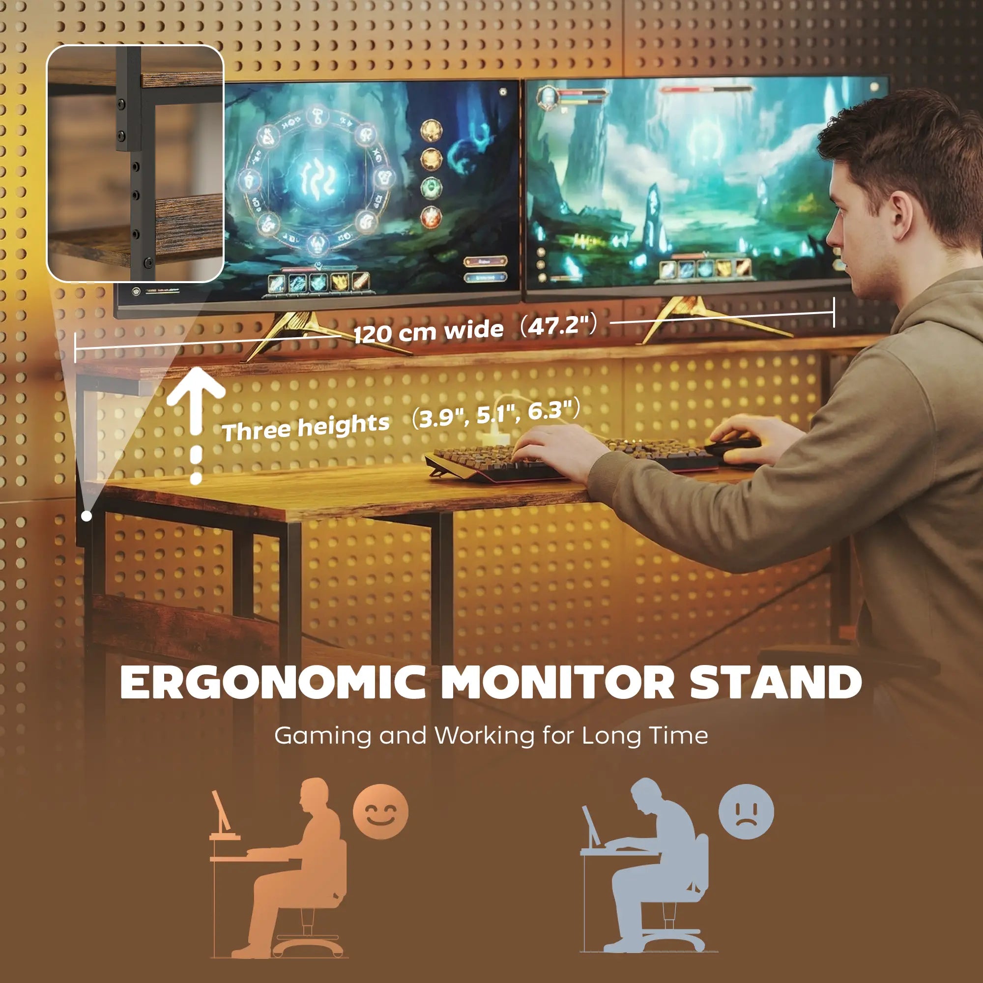 Gaming Desk With Power Outlets, LED Lights, Drawers, Monitor Stand, 61