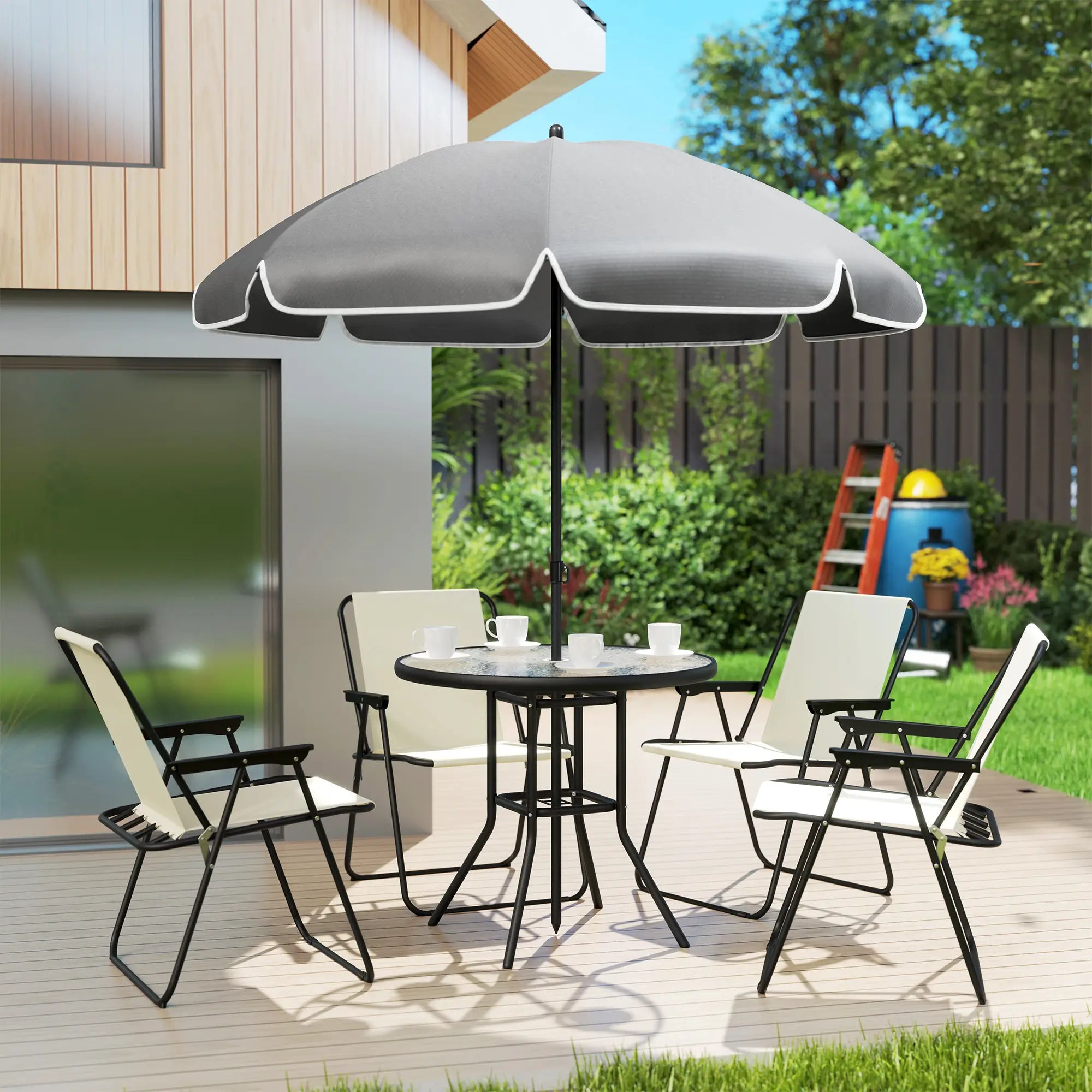 6 Piece Patio Dining Set, Glass Table, Folding Chairs, Cream White Outdoor Dining Sets at Gallery Canada