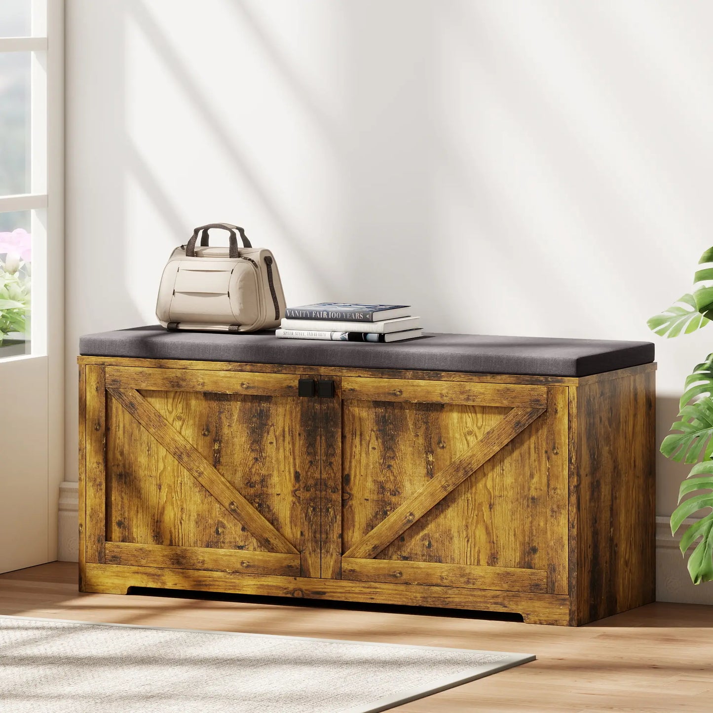 Shoe Storage Bench with Padded Seat, 8 Pairs, Rustic Brown, Brown Shoe Storage Cabinets & Racks at Gallery Canada