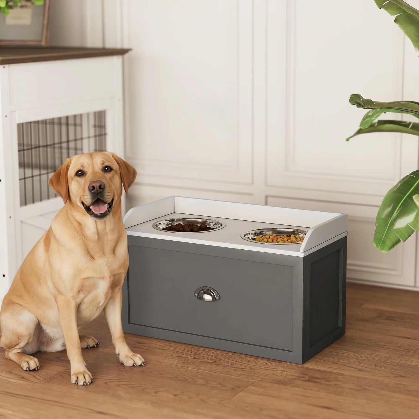 Grandes Gamelles surélevées pour Chien, Tiroir de Rangement, 2 Gamelles en Acier Inoxydable, Gris