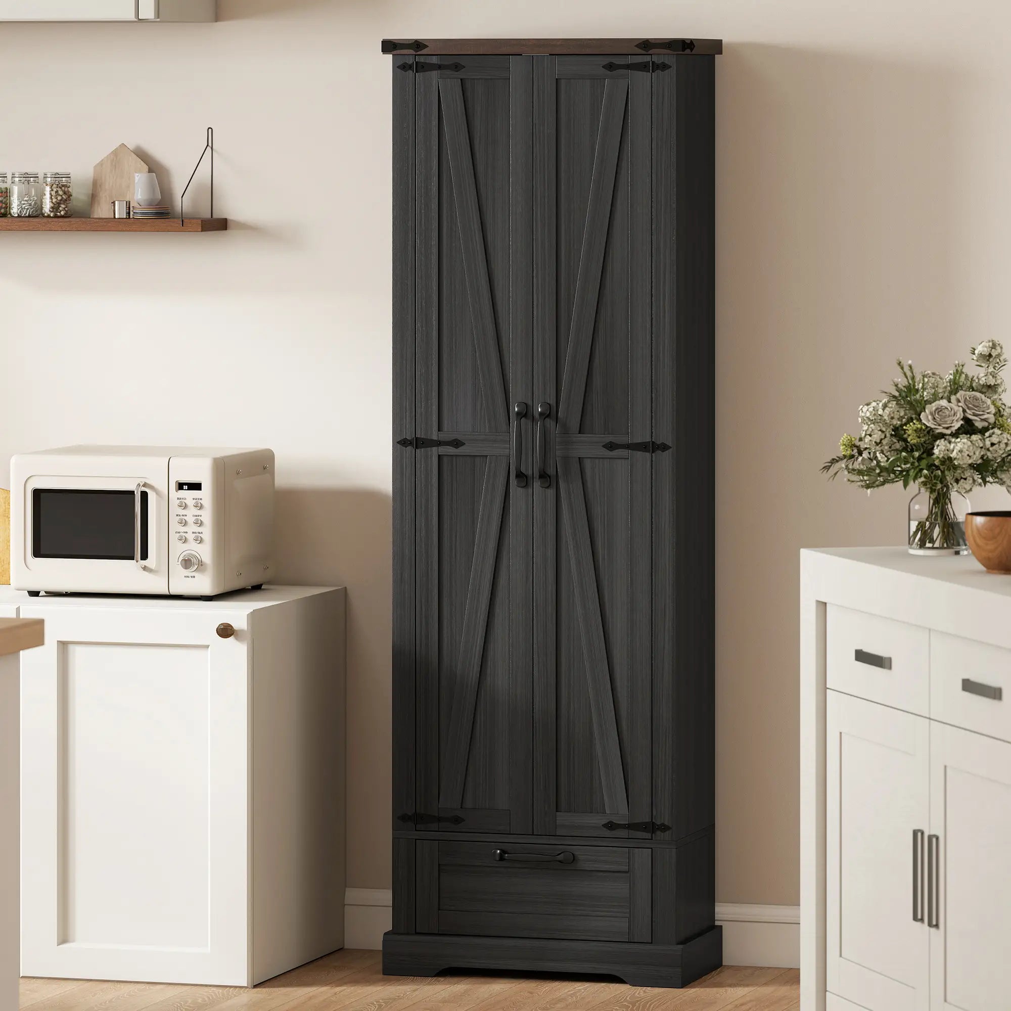 71 Inch Pantry Cabinet, Kitchen Storage with Adjustable Shelves, 2 Doors, Drawer, Black Kitchen Pantry Cabinets at Gallery Canada