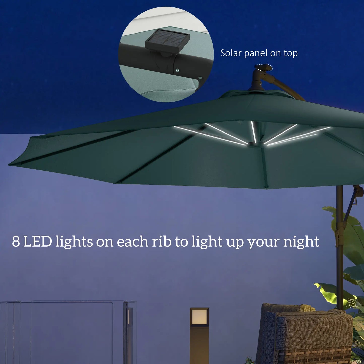 10ft Outdoor Cantilever Umbrella, Solar LED Lights, Crank, Green Cantilever Umbrellas at Gallery Canada