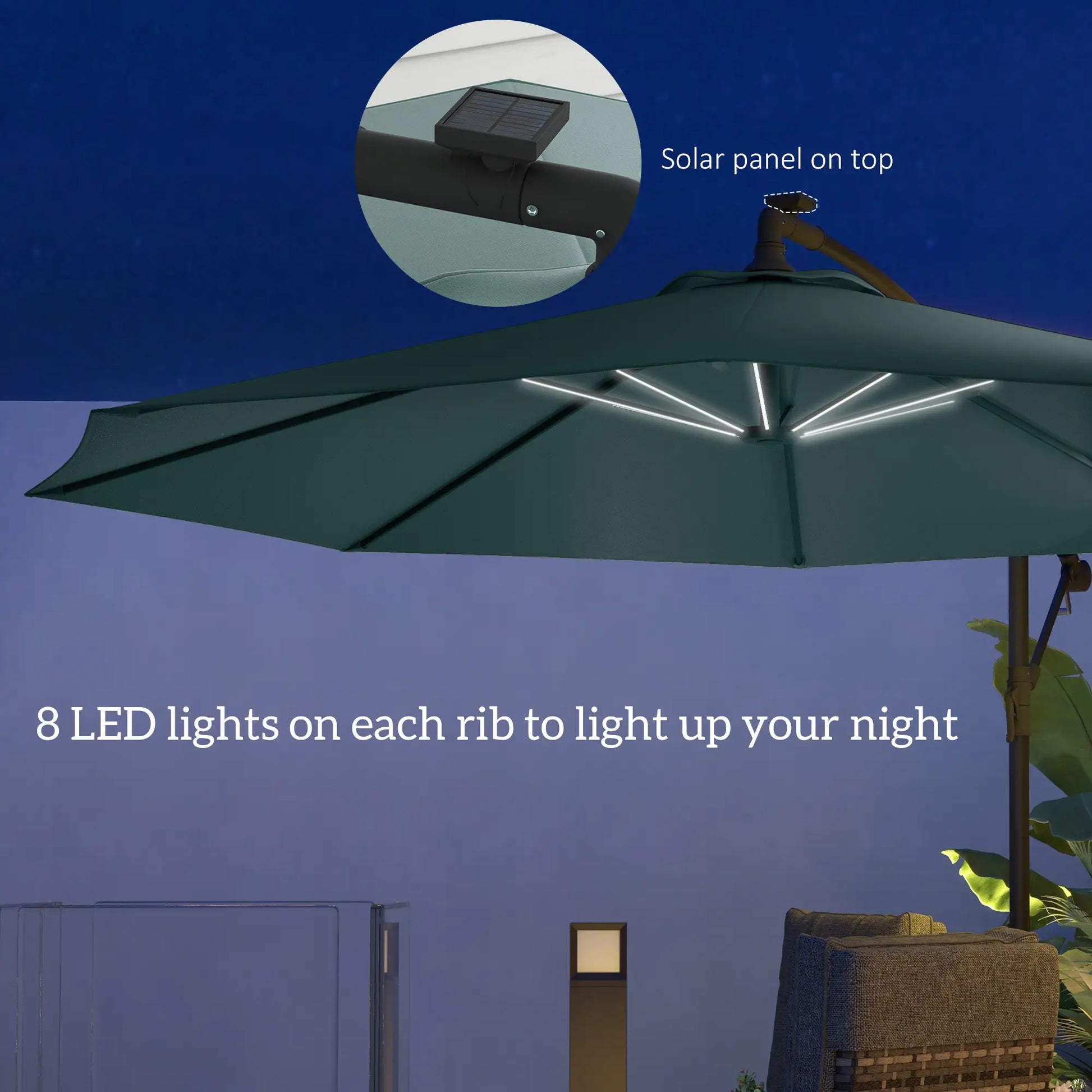 10ft Outdoor Cantilever Umbrella, Solar LED Lights, Crank, Green Cantilever Umbrellas at Gallery Canada