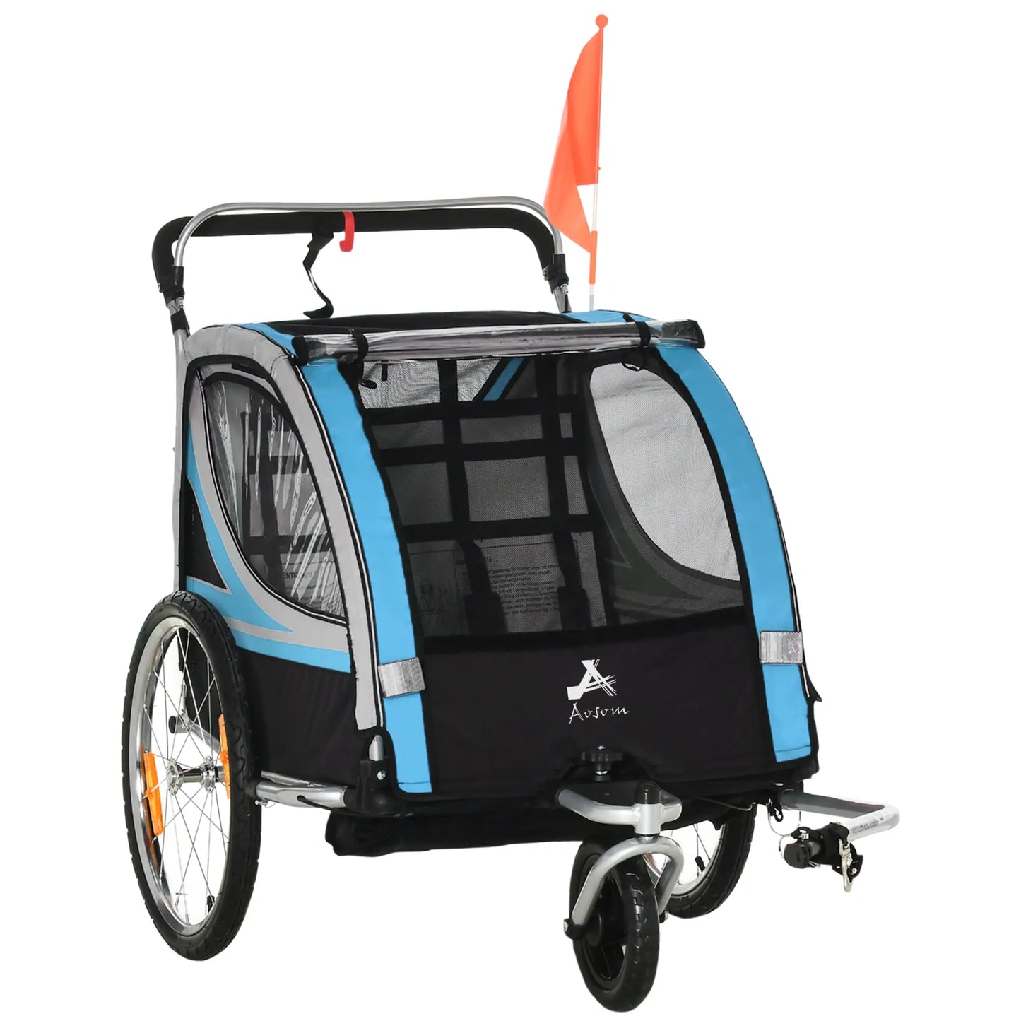 2 Seat Bike Trailer, Double Jogging Stroller, Handbrake, Rubber Wheels, Blue Kids Bike Trailers Blue, Grey, Black, Silver at Gallery Canada