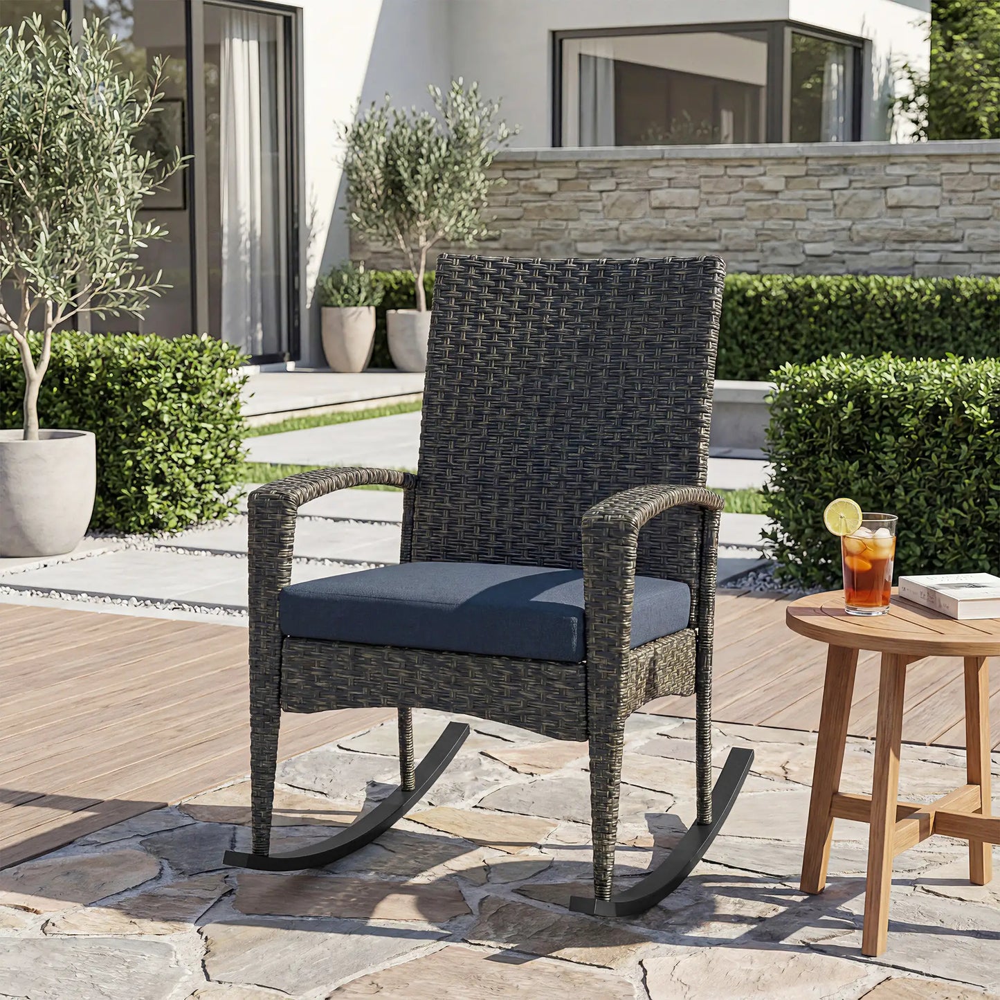 Outdoor Rocking Chair, Patio Wicker Chair, Removable Cushion, Navy Blue Outdoor Rocking Chairs at Gallery Canada