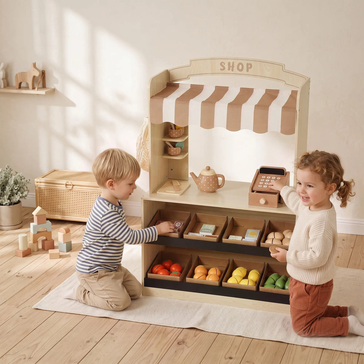 Ensemble de jeu d'épicerie en bois, 61 accessoires, nourriture jouet, caisse enregistreuse