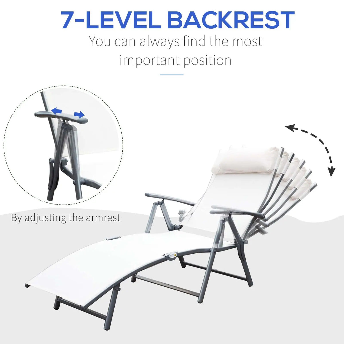 Heavy Duty Adjustable Folding Chair, Outdoor Sun Lounger, 7 Positions, Cream