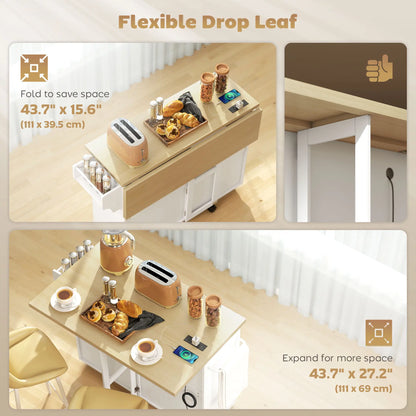 Rolling Kitchen Cart With Charging Station, Drop Leaf, Drawers