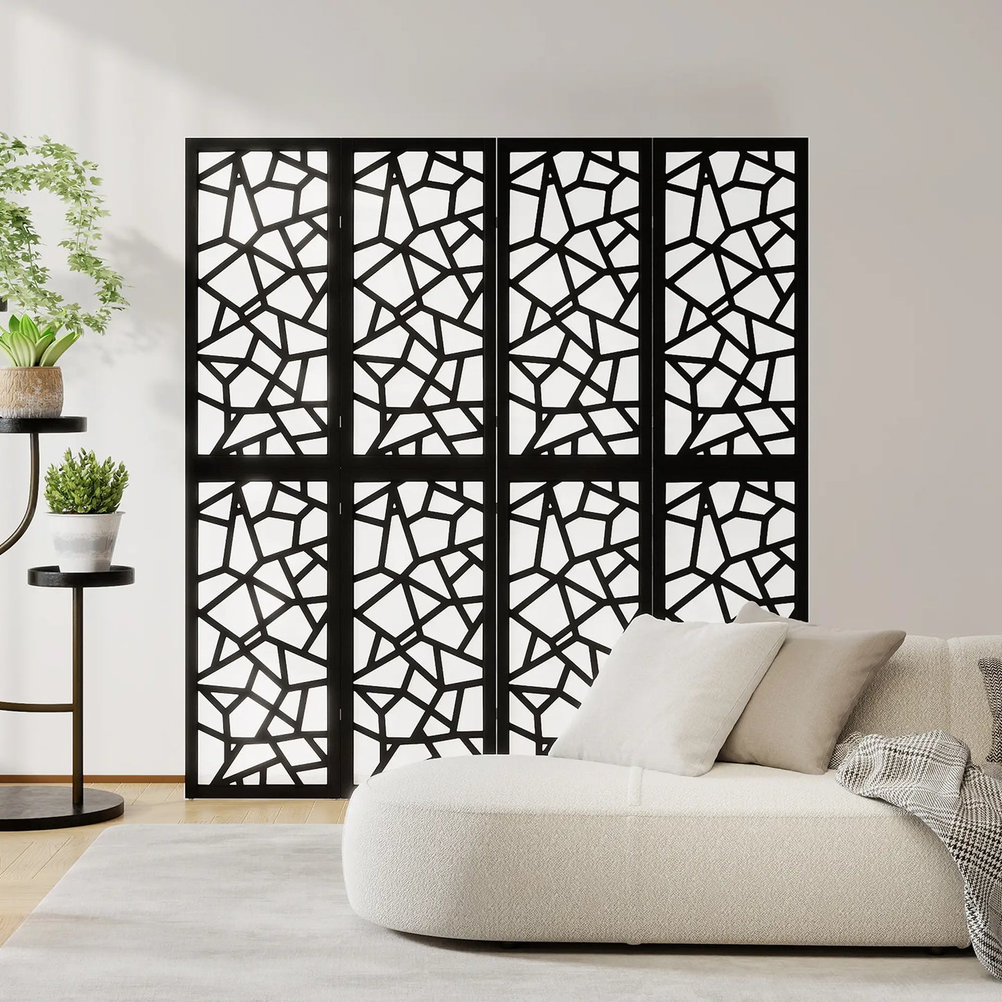 4 Panel Room Divider, 5.6 FT, Geometric Pattern Privacy Screen, Black