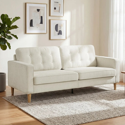 3 Seater Sofa Upholstered with Padded Cushion Modern Button Tufted Couch with Wood Legs, Cream White 3-Seater Sofas Cream at Gallery Canada