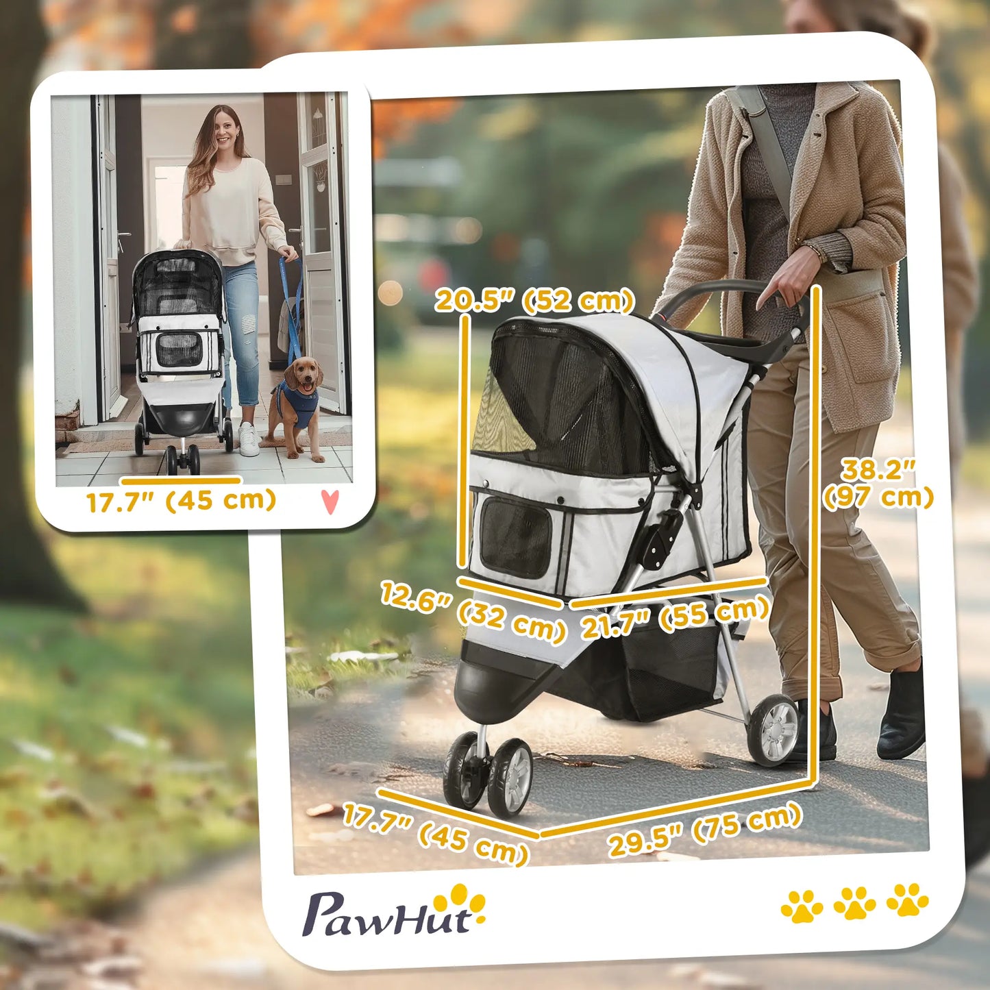 3 Wheel Foldable Dog Stroller, Storage Basket, Adjustable Canopy, Cupholder, Grey Dog Bike Trailers & Strollers at Gallery Canada