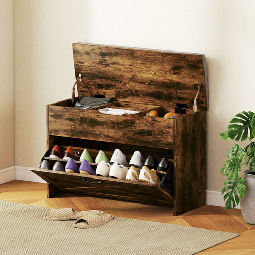 Shoe Storage Bench with Flip Drawer, Lift Top, Seat Cushion, Rustic Brown