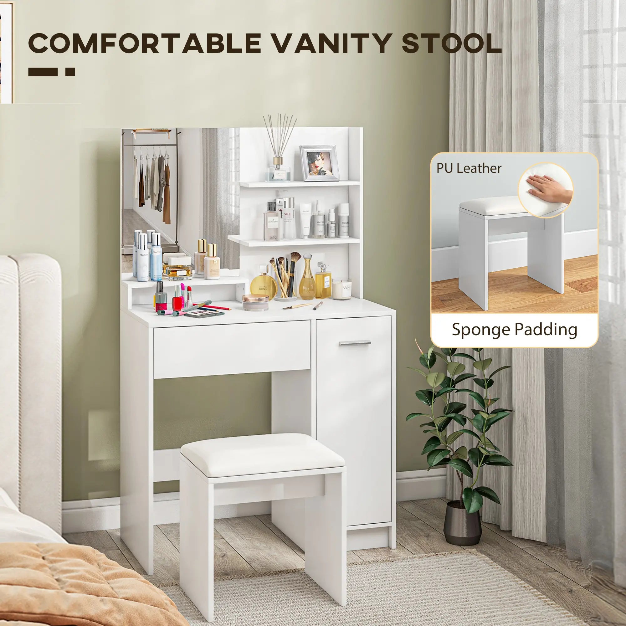 Vanity Set with Mirror, Stool, Storage Drawer, White Dressing & Vanity Tables at Gallery Canada