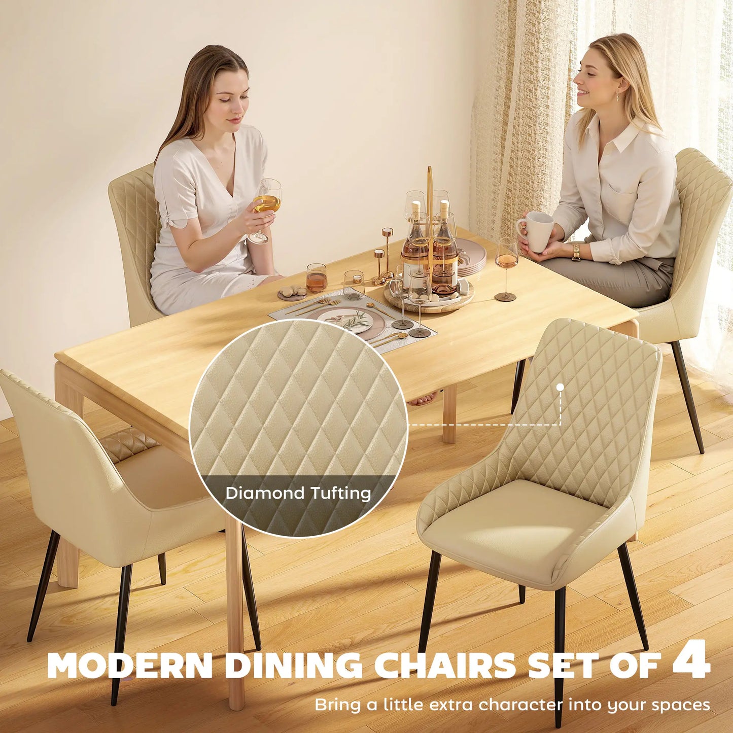 Upholstered Kitchen Chairs Set of 4, Diamond Tufting, Steel Legs, Khaki Dining Chairs at Gallery Canada