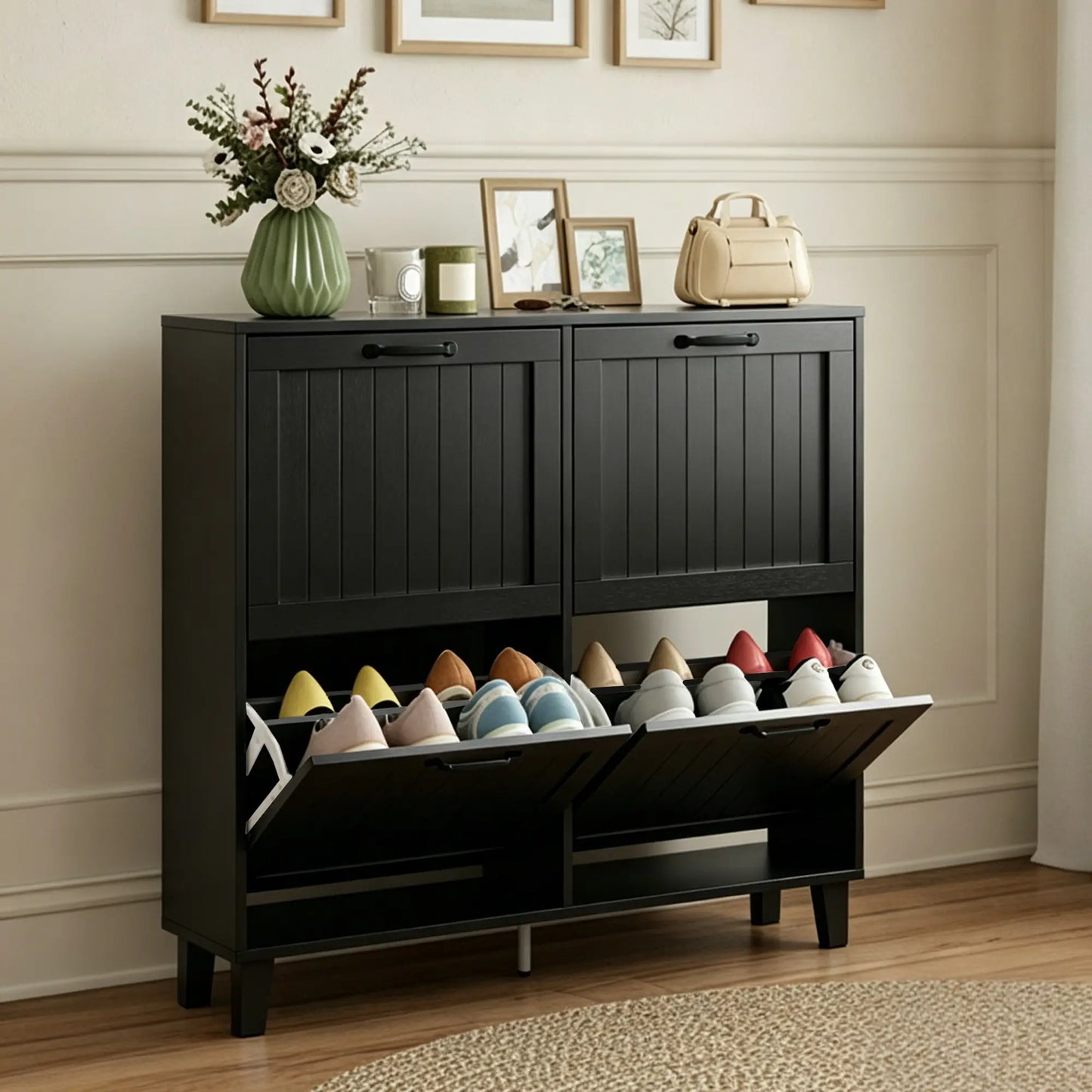 Shoe Cabinet with 4 Flip Drawers, Freestanding Narrow Shoe Storage Cabinet with Adjustable Shelves, Open Back, Black