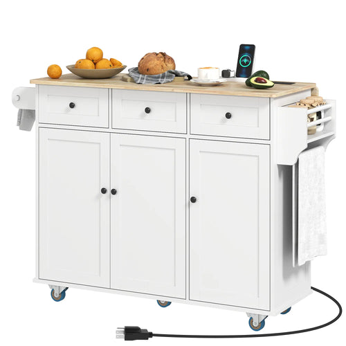 Kitchen Island on Wheels, Drop Leaf, Charging Station, Wood Top, Adjustable Shelf, White