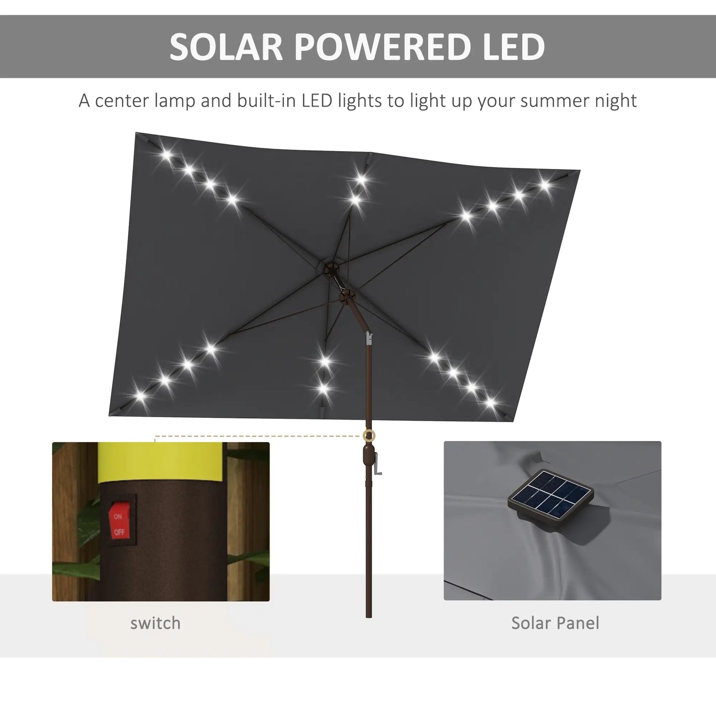 6.5x10ft Dark Grey Tilt Aluminum Patio Umbrella, Solar Powered LEDs, Dark Grey Sun Umbrellas at Gallery Canada