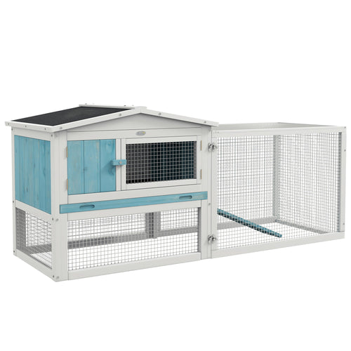 Wooden Rabbit Hutch Guinea Pig House with Removable Tray, Openable Roof, Trough, Run for Tortoises and Ferrets, Blue