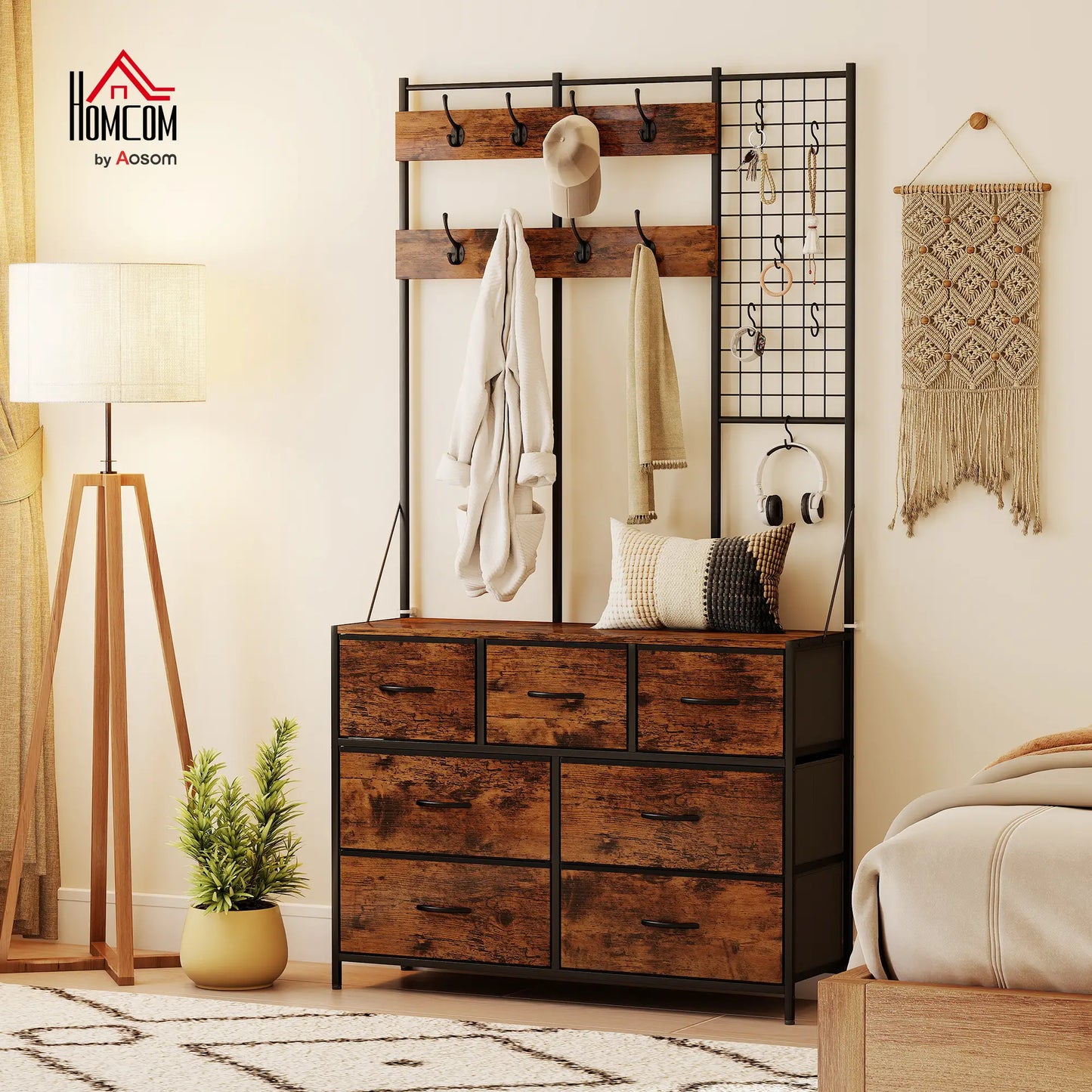 4-In-1 Coat Rack, 7 Drawer Fabric Dresser, Hall Tree 14 Hooks, Rustic Brown Clothing Storage at Gallery Canada