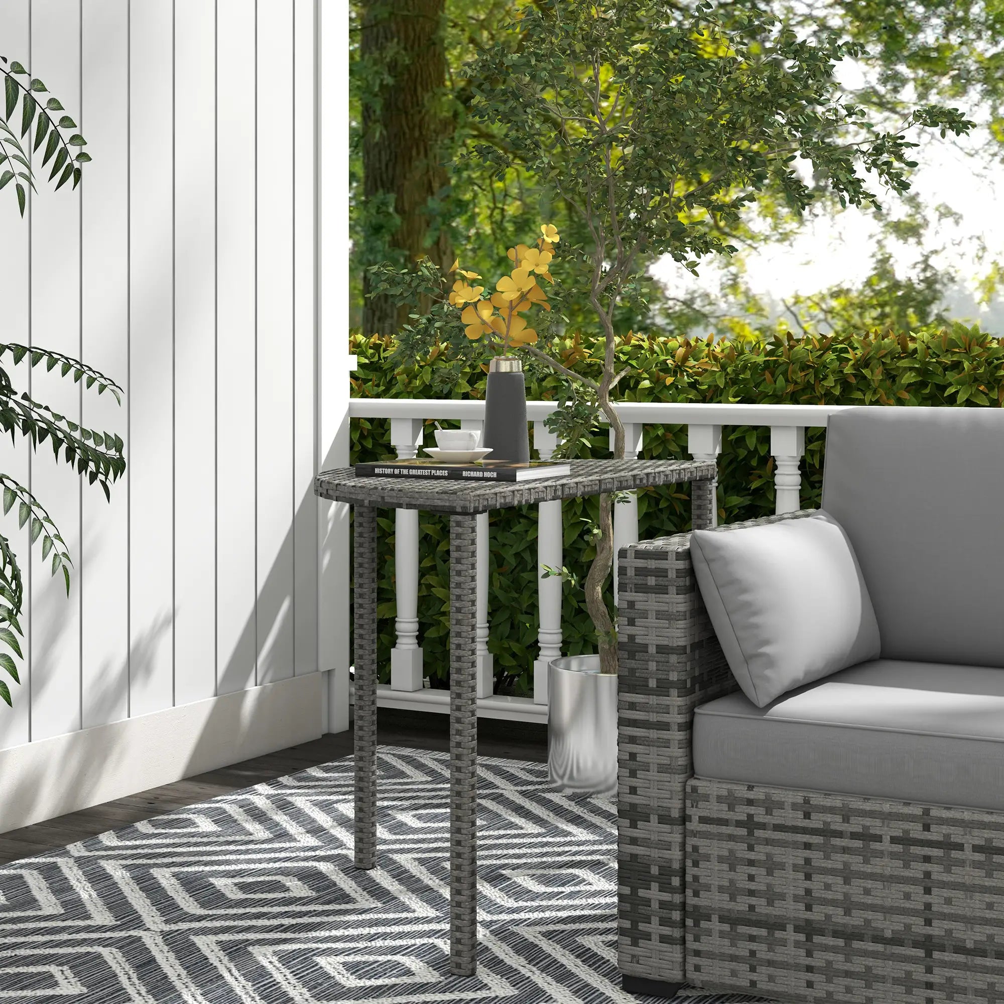 Half Round Side Table, PE Rattan Coffee Table, Metal Frame, Grey Patio Side Tables at Gallery Canada