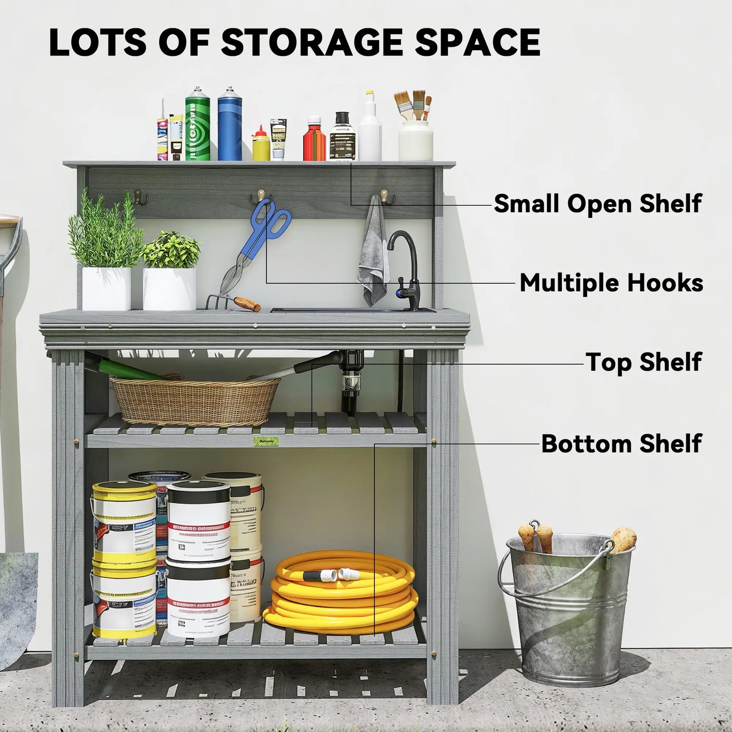 Outdoor Potting Bench With Faucet, Removable Sink, Hooks, Storage Shelves, Grey Potting Benches & Tables at Gallery Canada