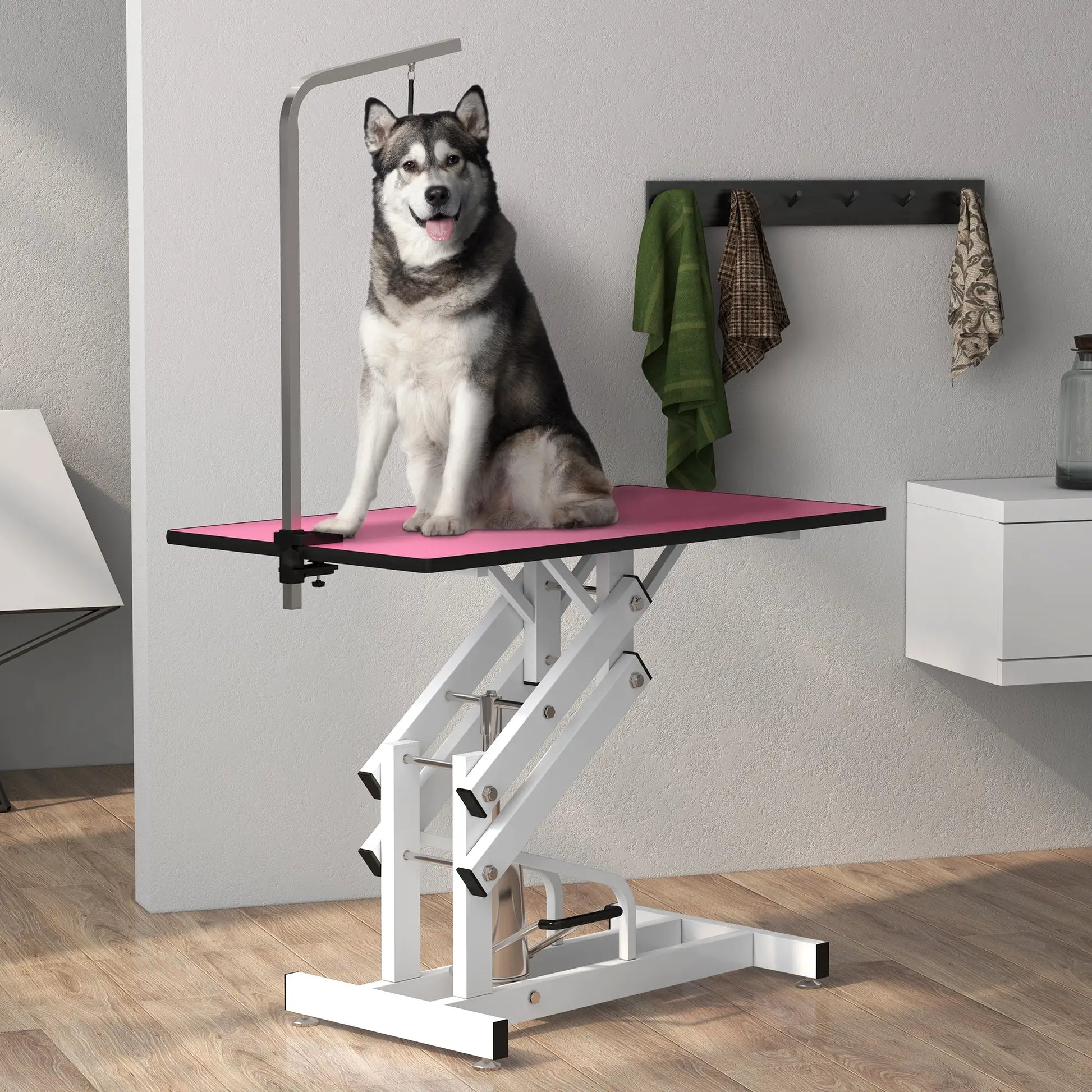 Adjustable Dog Grooming Table with Arm, Noose, Non-Slip, Pink Dog Grooming Tables at Gallery Canada