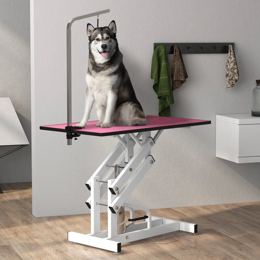 Adjustable Dog Grooming Table with Arm, Noose, Non-Slip, Pink Dog Grooming Tables Pink, White at Gallery Canada