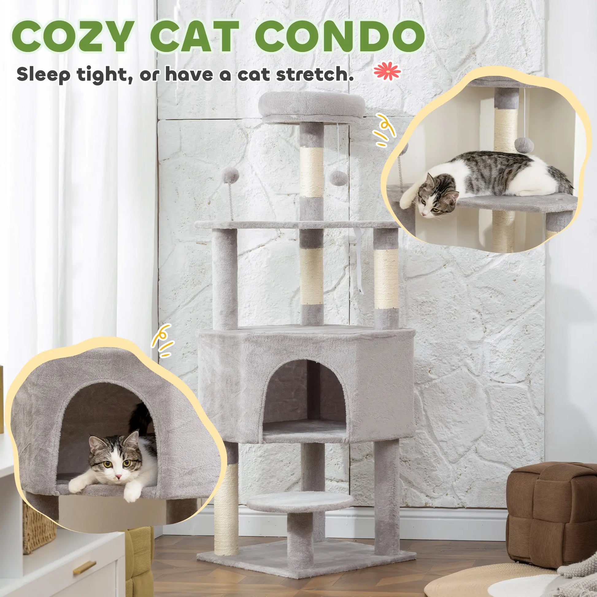 54 Inch Cat Tree, Large Condo, Top Perch, Sisal Posts, Dangling Toy, Light Grey Cat Trees at Gallery Canada