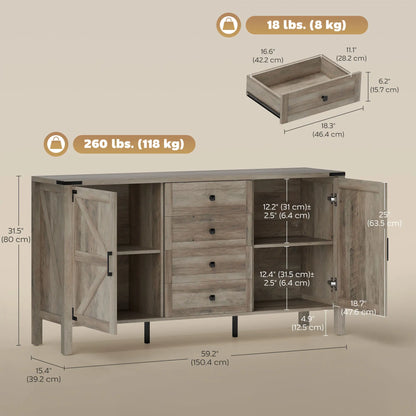 59" Buffet Cabinet, Farmhouse Sideboard, 2 Barn Doors, 4 Drawers, Grey Storage Cabinets at Gallery Canada