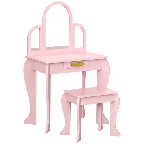 Kids Dressing Table and Chair Set, Makeup Desk with Drawer, 3-6 Years, Pink