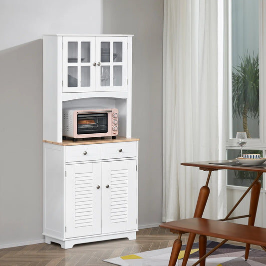 Coastal Kitchen Buffet Hutch, Wood Storage Cupboard, Glass Door, White Kitchen Pantry Cabinets White at Gallery Canada