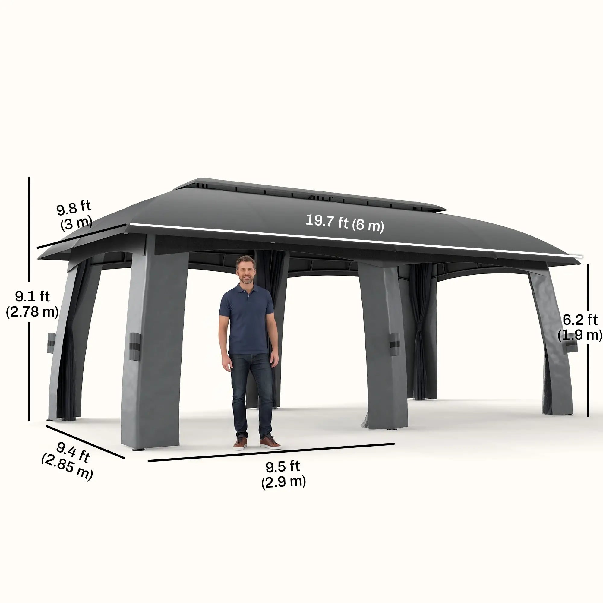10' x 20' Outdoor Gazebo, Garden Canopy Shelter with Netting, Dark Grey Gazebos at Gallery Canada