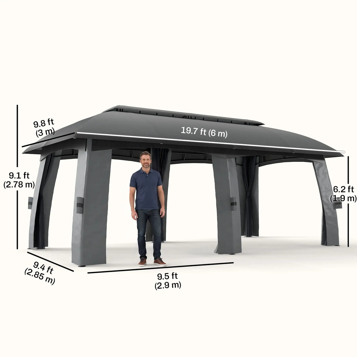 10' x 20' Outdoor Gazebo, Garden Canopy Shelter with Netting, Dark Grey Gazebos at Gallery Canada