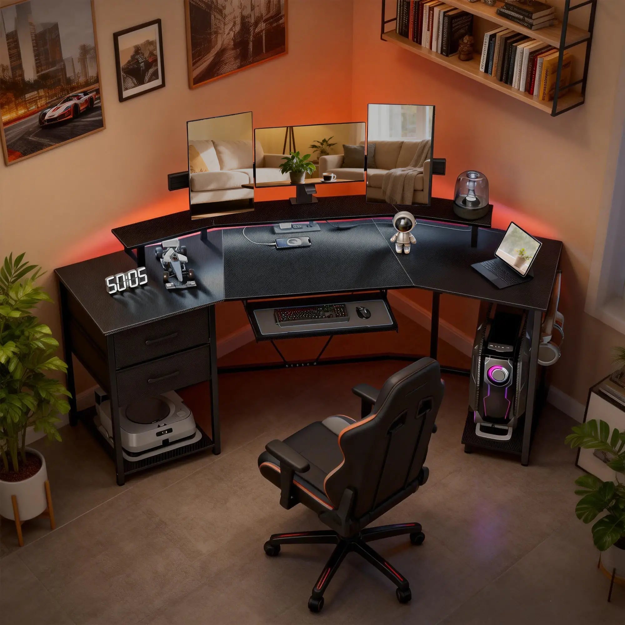 79 Inch Gaming Desk With RGB Lights, Power Outlets, USB Ports, Keyboard Tray, 2 Drawers, Black Gaming Desks at Gallery Canada