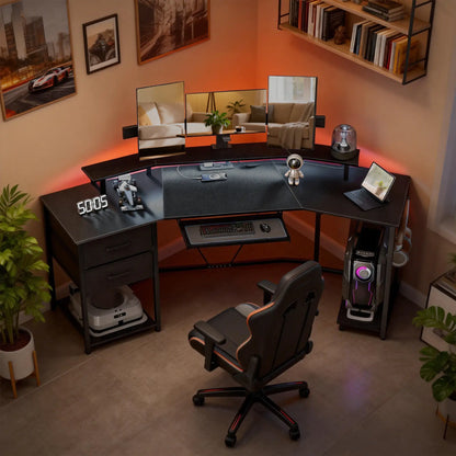 79 Inch Gaming Desk With RGB Lights, Power Outlets, USB Ports, Keyboard Tray, 2 Drawers, Black Gaming Desks at Gallery Canada