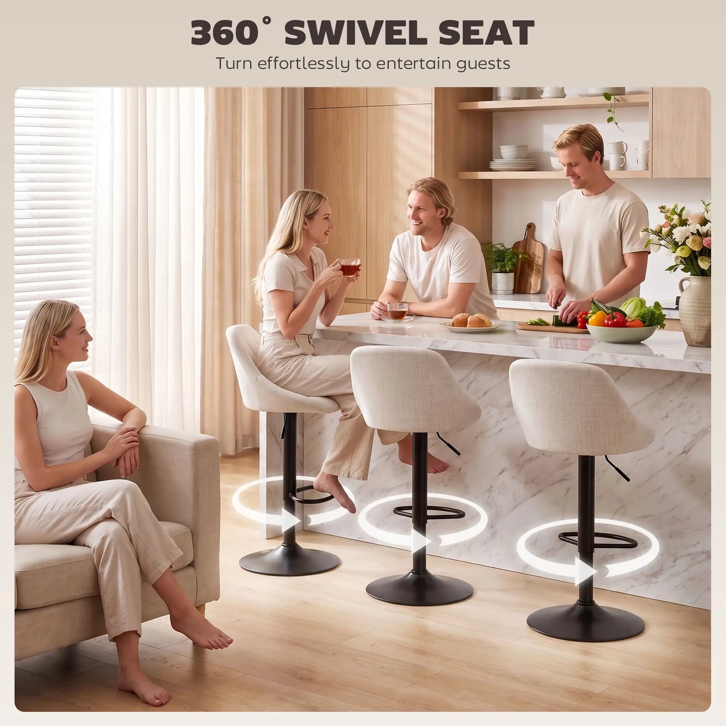 Tabourets de bar pivotants hauteur comptoir Lot de 3, Blanc cassé