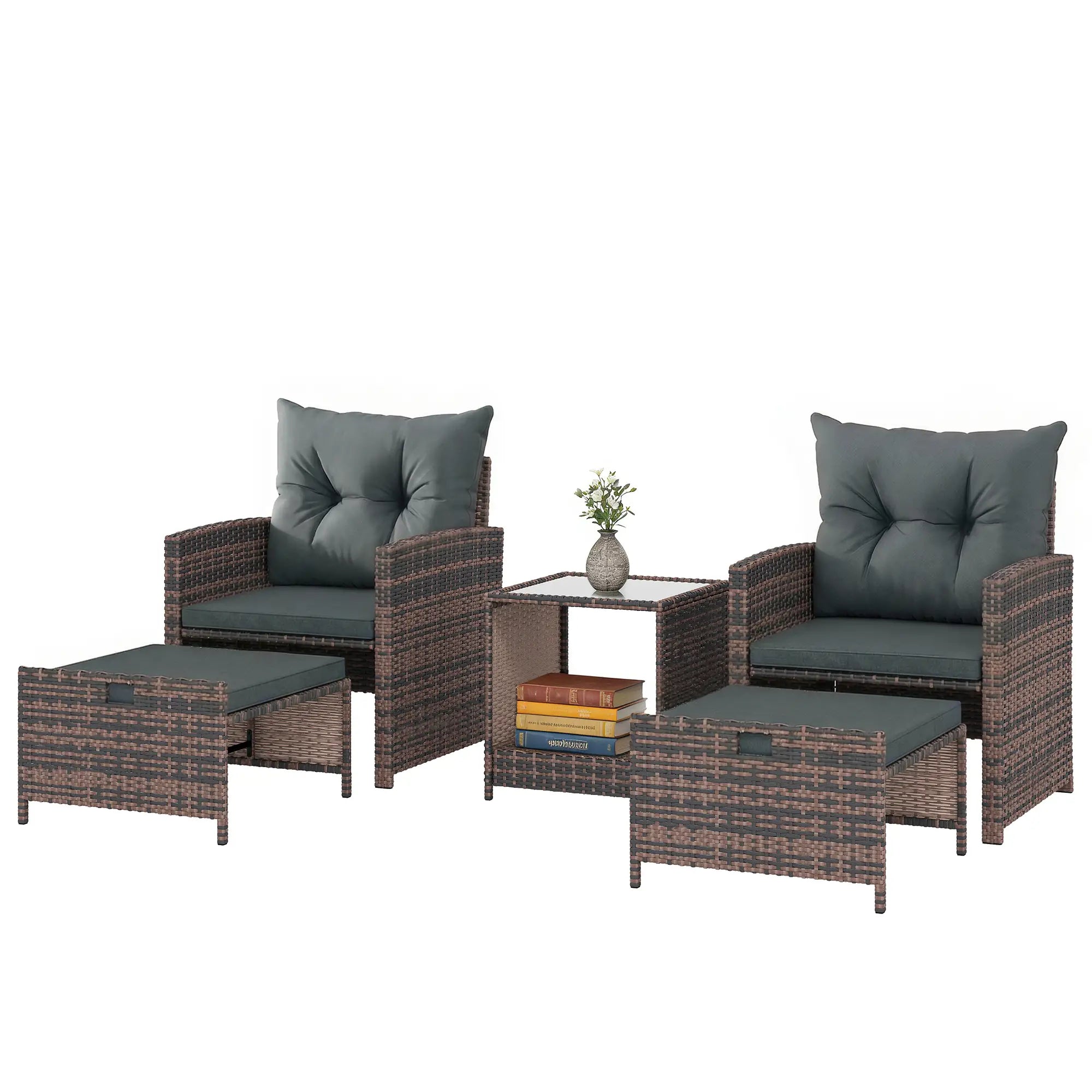 5 Piece Patio Furniture Set, Wicker Chairs, 2-Tier Glass Table, Brown/Dark Grey Patio Furniture Sets Mixed Brown, Dark Grey, Black at Gallery Canada