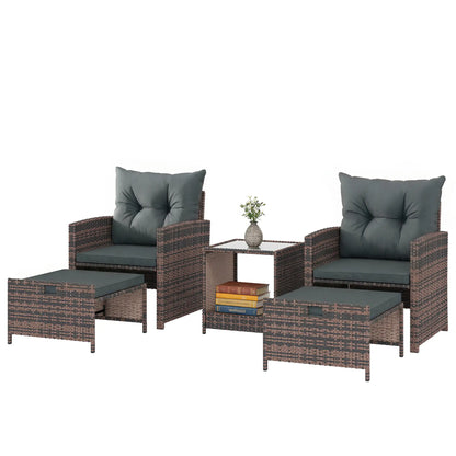 5 Piece Patio Furniture Set, Wicker Chairs, 2-Tier Glass Table, Brown/Dark Grey Patio Furniture Sets Mixed Brown, Dark Grey, Black at Gallery Canada