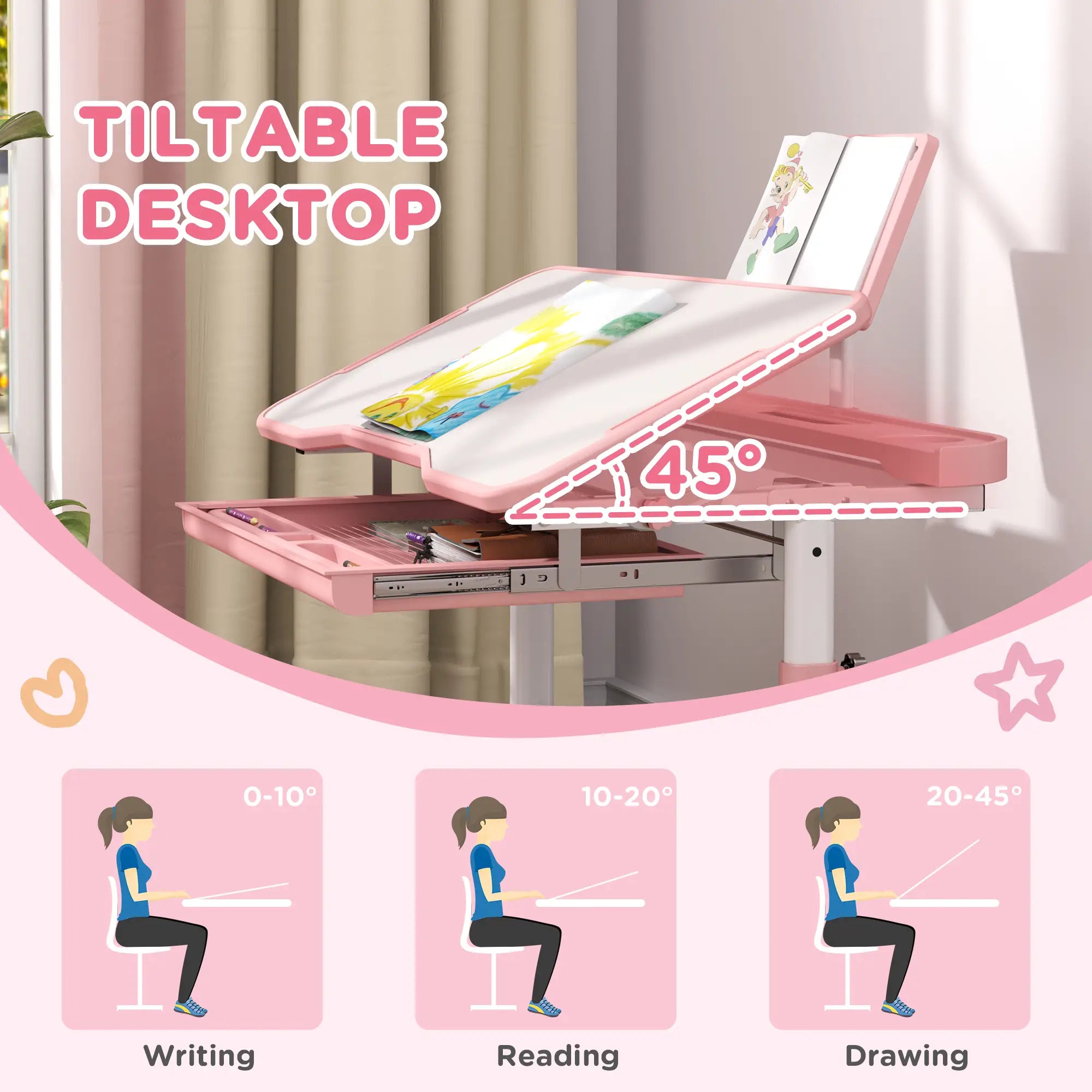 Adjustable Kids Desk and Chair Set, Tilt Desktop, Large Writing Board, Pink Kids Desk Sets at Gallery Canada
