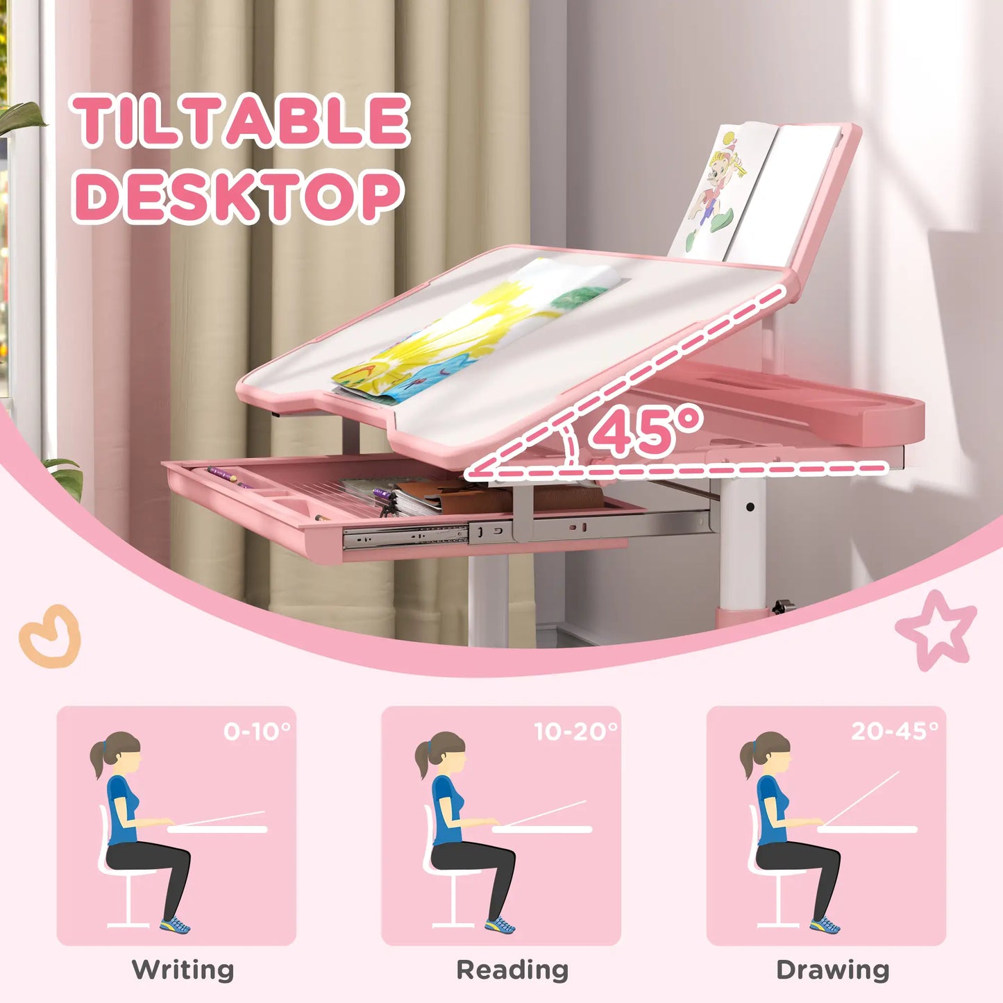 Adjustable Kids Desk and Chair Set, Tilt Desktop, Large Writing Board, Pink Kids Desk Sets at Gallery Canada
