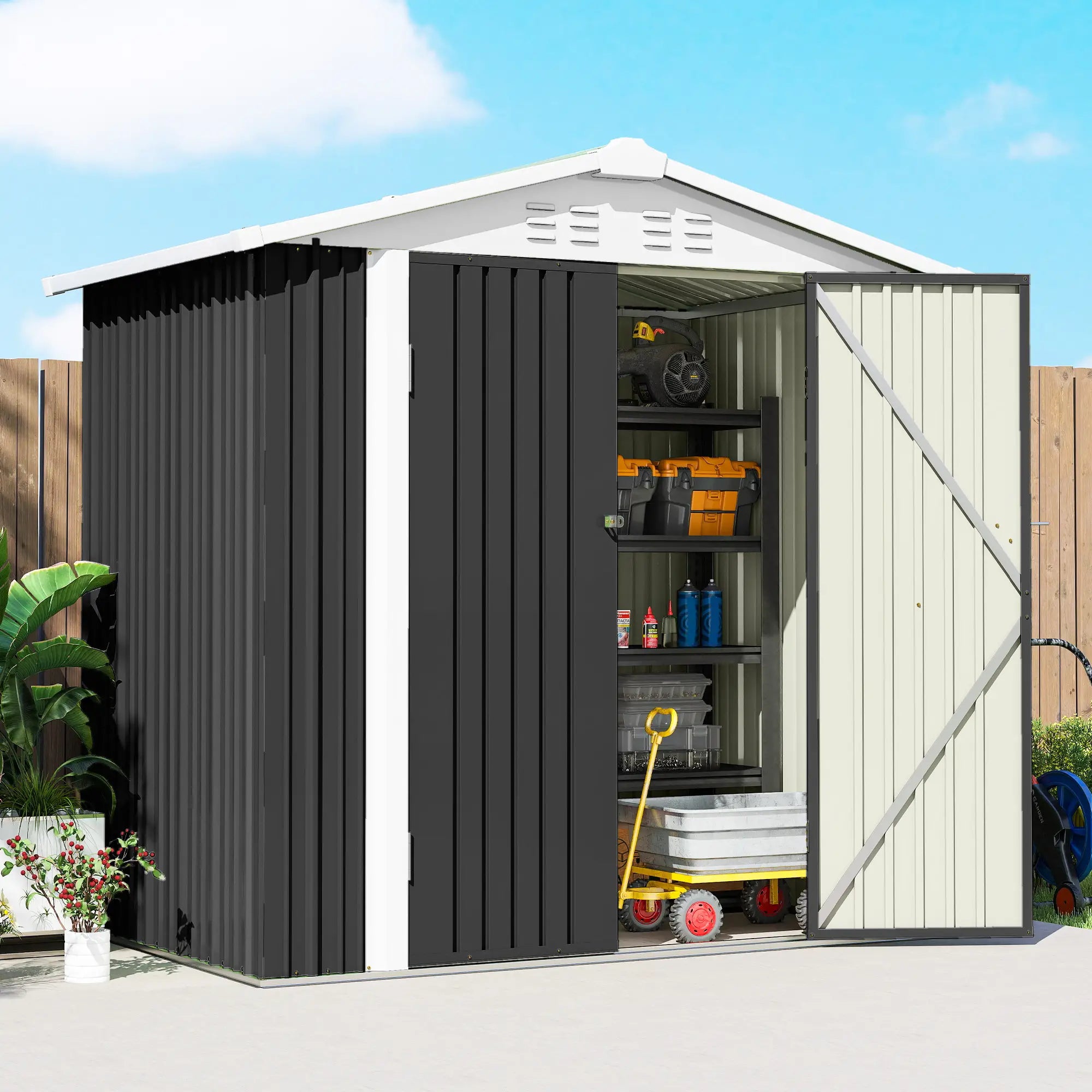 6.5' x 4' Metal Outdoor Storage Shed, Lockable Doors, 4 Vents, Dark Grey Sheds at Gallery Canada