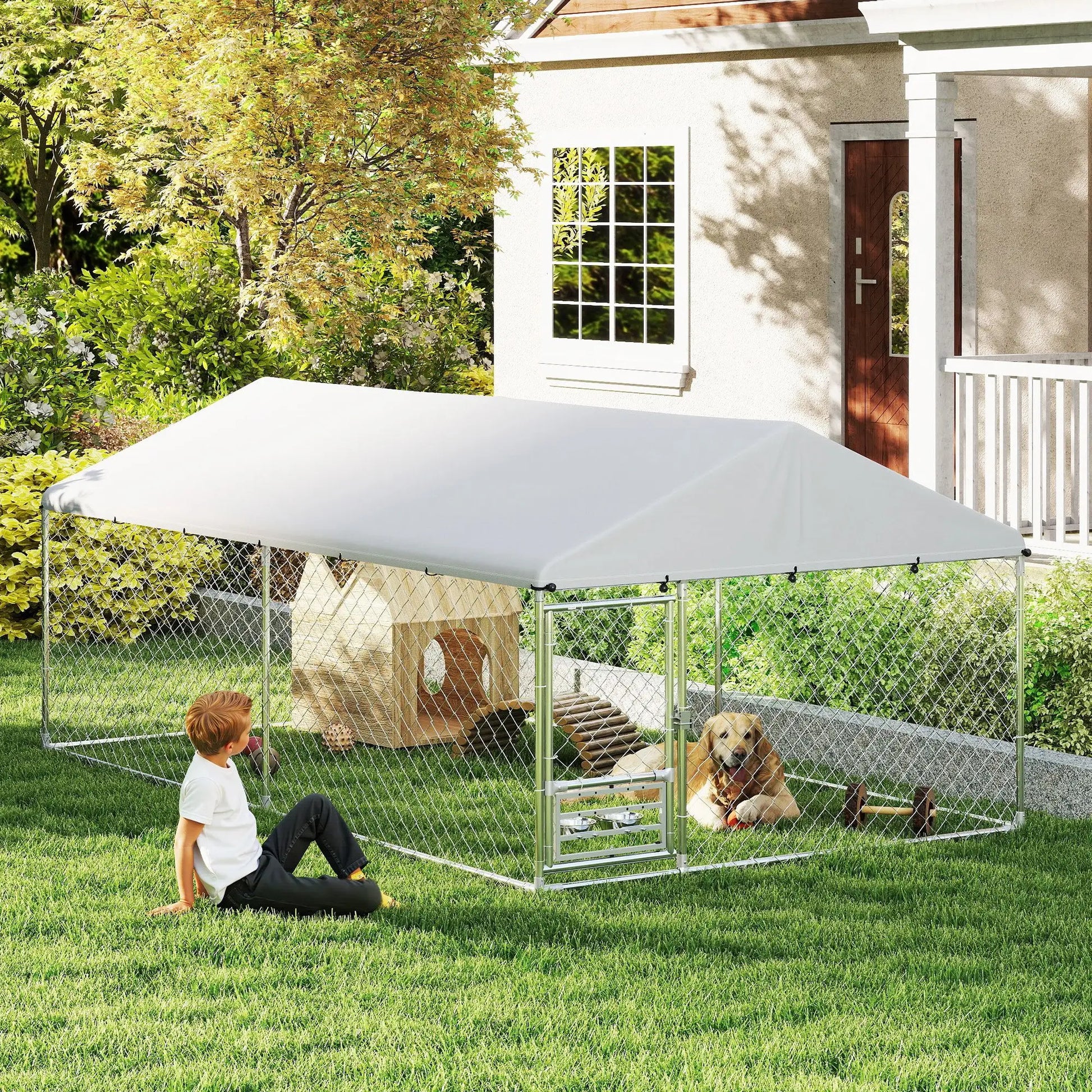 Outdoor Dog Run With Adjustable Bowls, Waterproof Cover, 13.1' x 7.5' x 5.2' Houses, Kennels & Pens at Gallery Canada