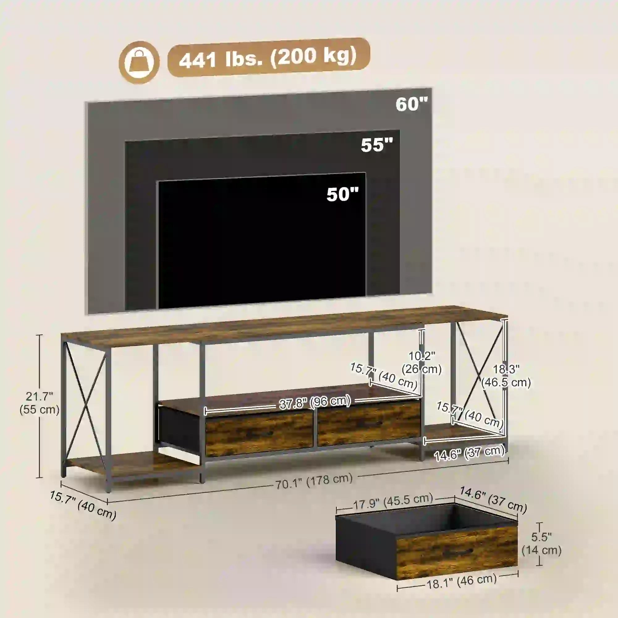 Industrial TV Stand For 60 Inch TV, Rustic Brown, With Charging Station And RGB LED Lights, Brown TV Stands at Gallery Canada