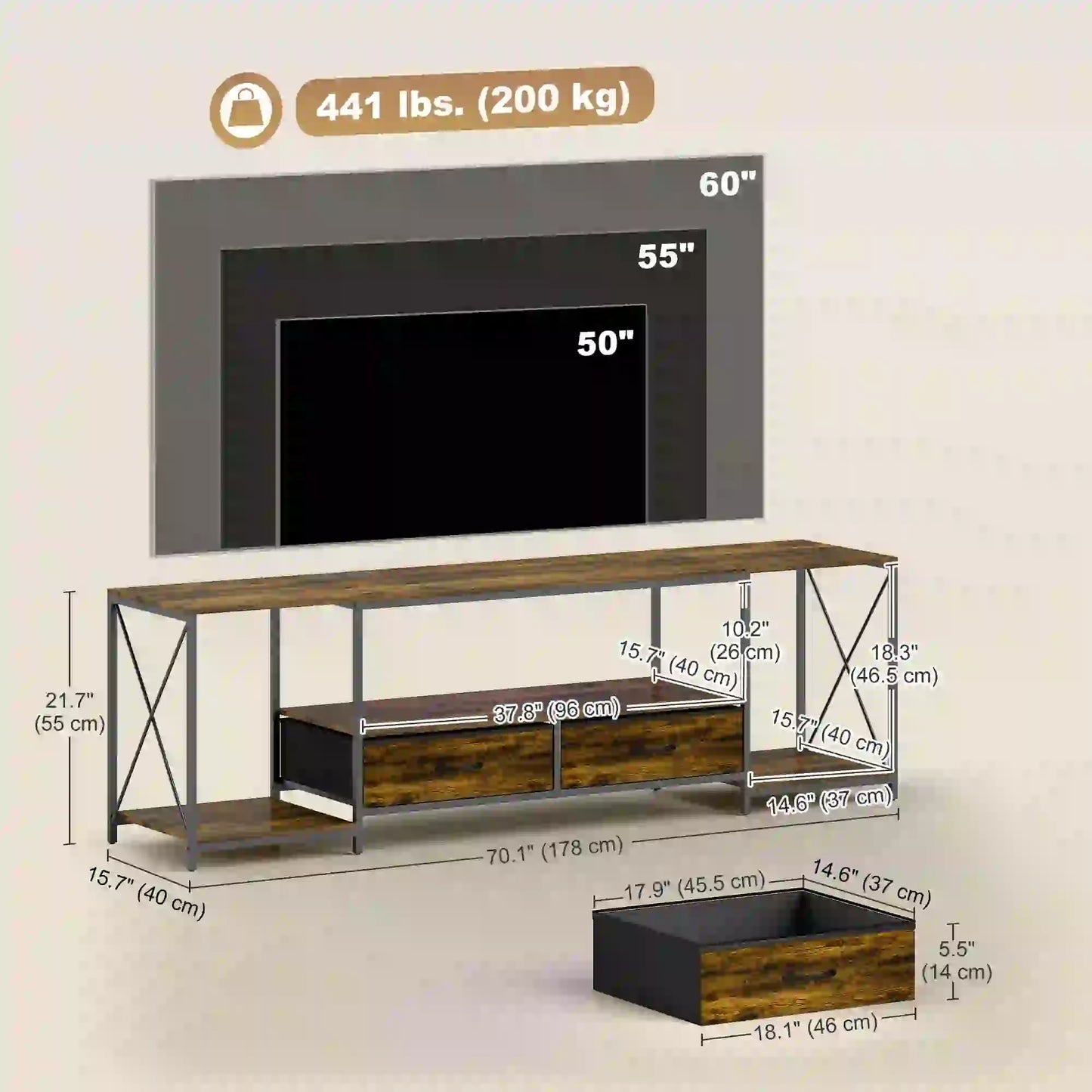 Industrial TV Stand For 60 Inch TV, Rustic Brown, With Charging Station And RGB LED Lights, Brown TV Stands at Gallery Canada