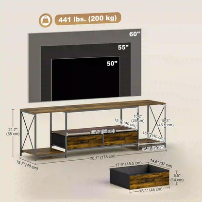Industrial TV Stand For 60 Inch TV, Rustic Brown, With Charging Station And RGB LED Lights, Brown TV Stands at Gallery Canada