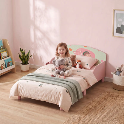 Toddler Bed, Bedside Storage, Guard Rails, 132x70x10cm, Pink Fox Print