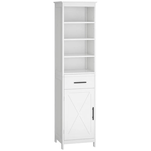 Tall Bathroom Storage Cabinet, 3-Tier Shelf with Door and Drawer, White