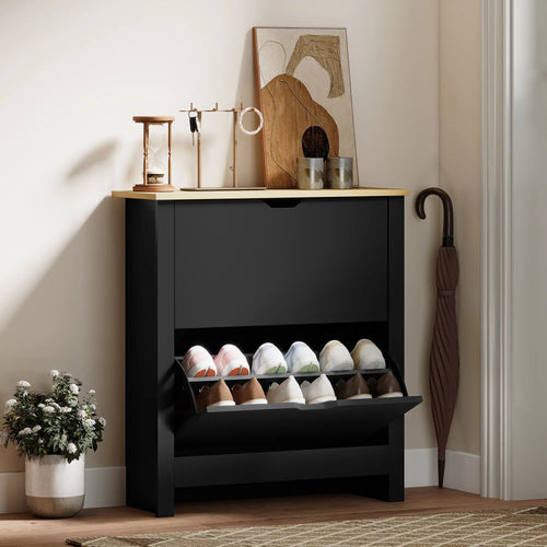 Shoe Storage Cabinet, 2 Flip Drawers, Adjustable Shelves, 8-12 Pairs, Black